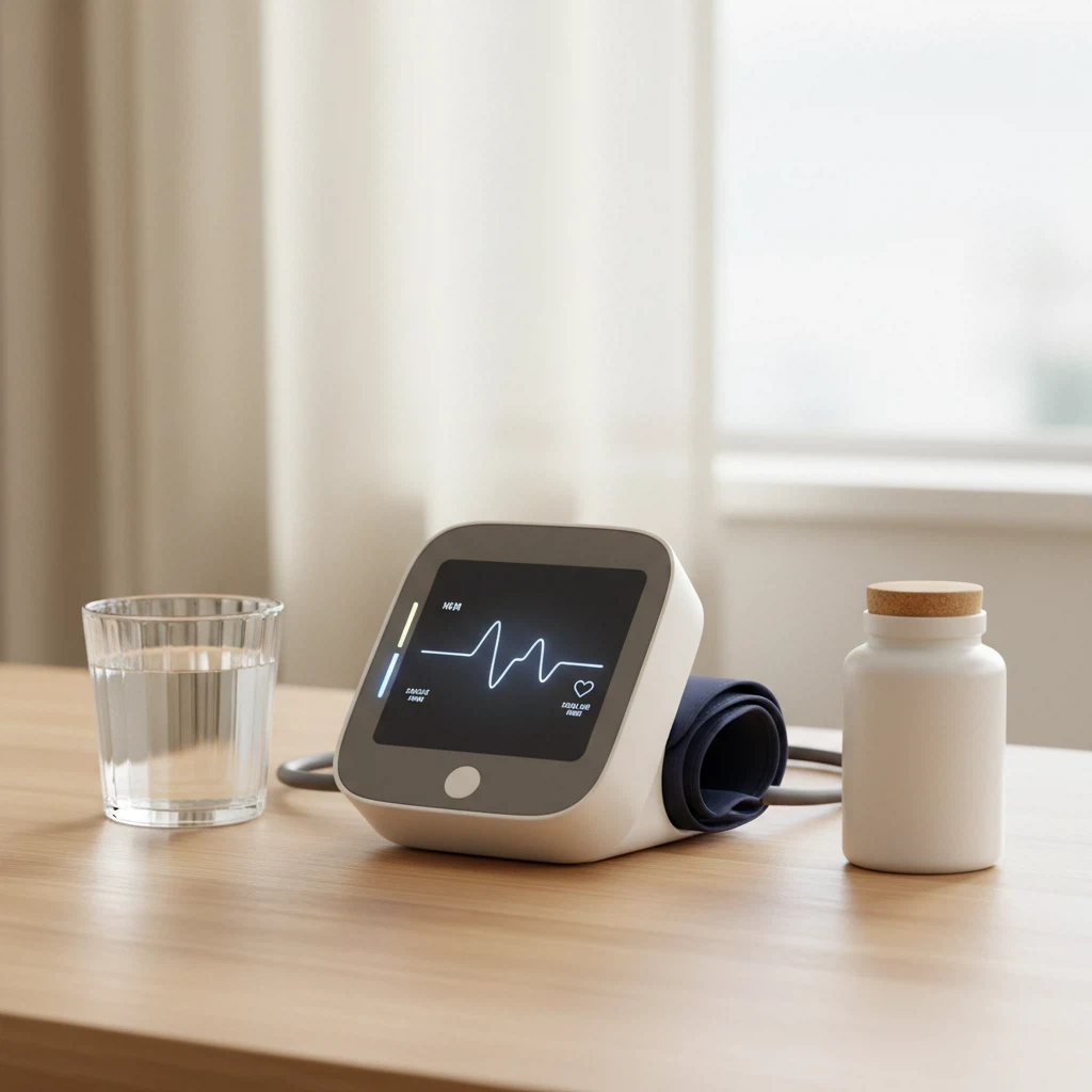 Home blood pressure monitor next to a supplement bottle - healthy aging supplement for cardiovascular wellbeing