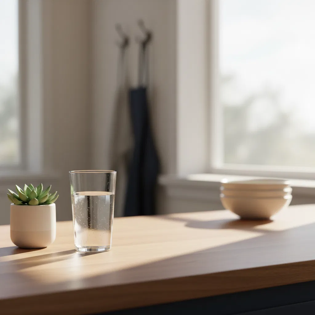 Warm kitchen counter with a glass of water and natural morning light