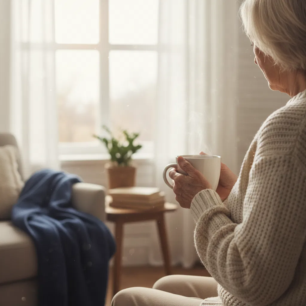 Anonymous adult figure by a morning window - daily supplement for healthy circulation over 50
